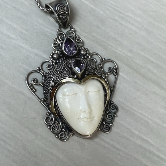 NF Carved Goddess Face Amethyst 14K Gold and 925 Sterling Silver Necklace - Picture 4 of 11